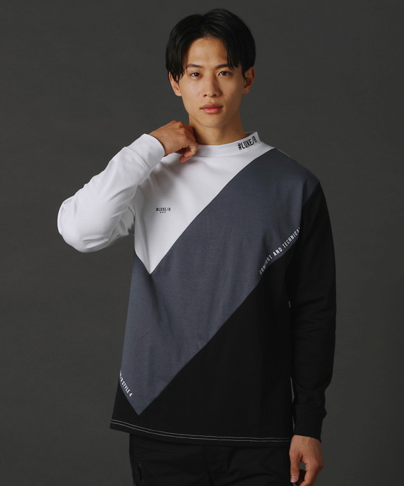 ゴルフウェア カットソー メンズ 長袖 ハイネック CVCスムース 切り替え ゴルフ トレーニング 伸縮性 薄手 配色 ストレッチ 45936