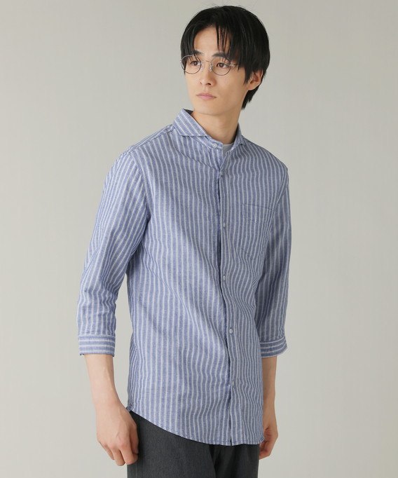 NEVER） Acquiesce シャツ 綿麻シャツ メンズ 七分袖 リネンシャツ