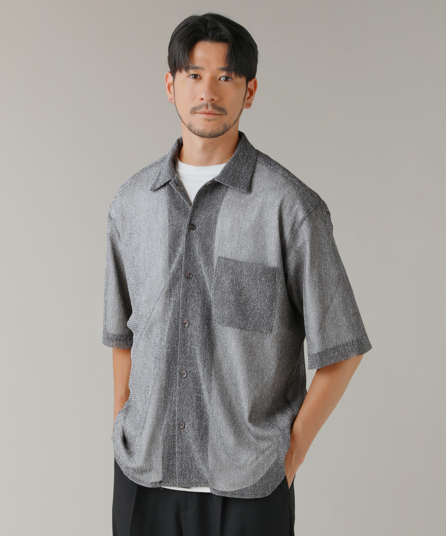 新品‼️NBHD 94 グレーM メッシュシャツ シアーシャツ シャツ メンズ 夏 半袖 5分袖 レギュラーカラー 透け感