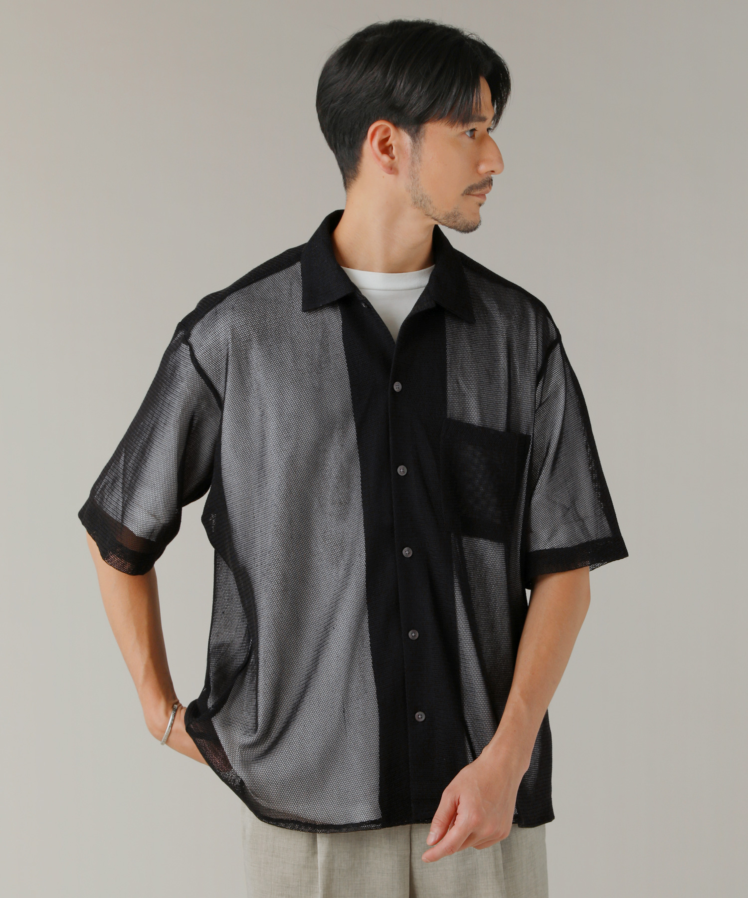 シアーシャツ シャツ メンズ 夏 半袖 5分袖 レギュラーカラー 透け感