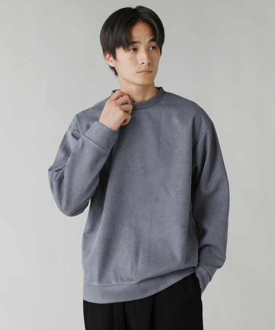トレーナー スウェット メンズ 秋 フェイクスウェード クルーネック