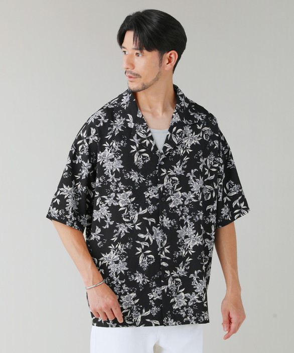 オープンカラーシャツ シャツ メンズ 春 夏 半袖 5分袖 ポリエステル