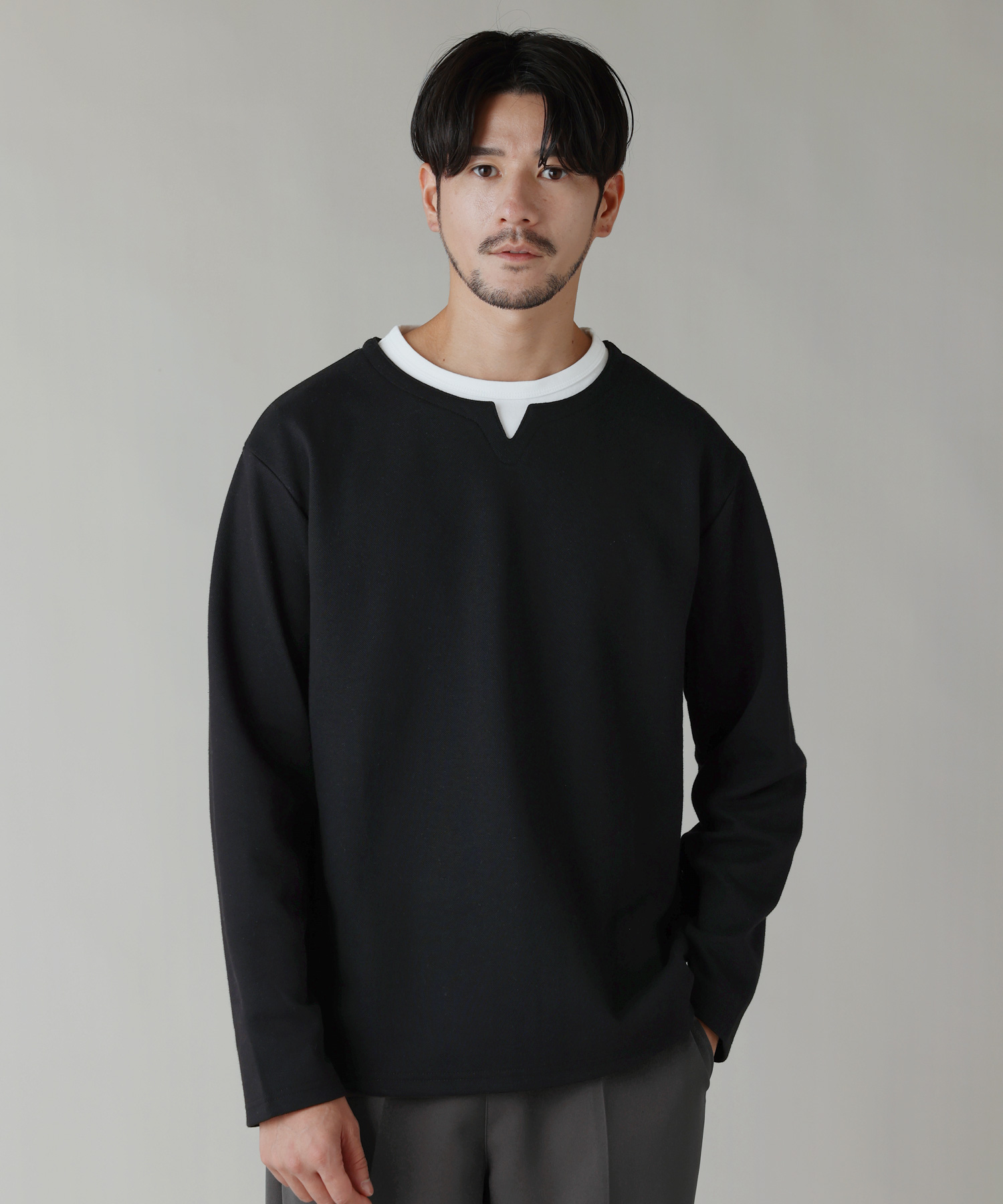 プルオーバー カットソー メンズ 秋 冬 フェイクレイヤード 長袖