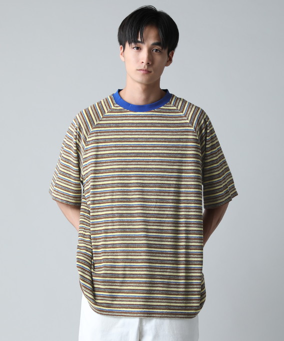 ★半袖 クルーネック ボーダー ロゴ Tシャツ★白 Tシャツ カットソー メンズ 半袖 クルーネック パイル 綿100
