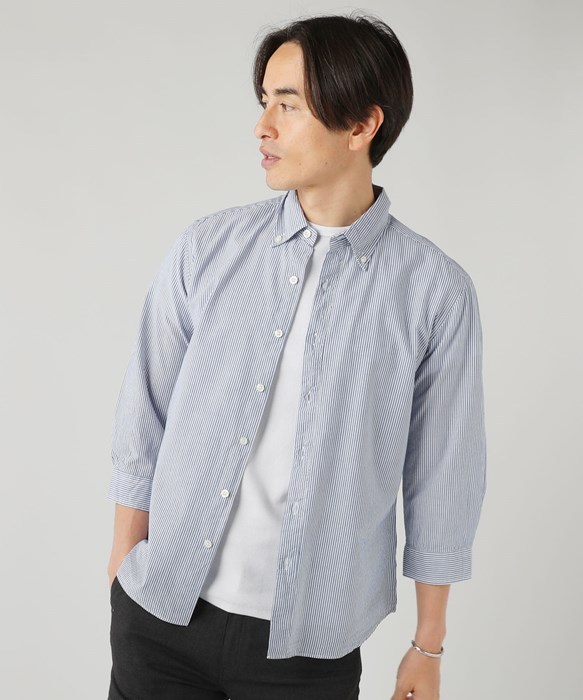 ブロードシャツ メンズ シャツ  シャーリング 7分袖 ボタンダウン  日本製 春｜spu｜04