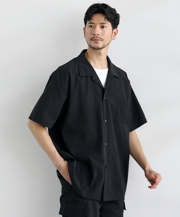 BS-FINE メンズ養毛シャツ L ブラック BN1711 AKOMEYA TOKYO/ steteco DRYストレッチ開襟カラーシャツ ダーク