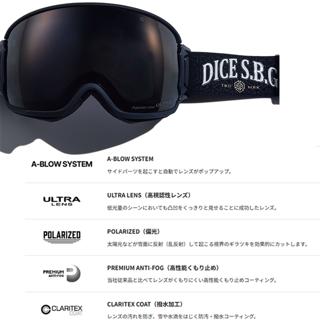 スノーゴーグル BANK バンク DICE ダイス ウルトラレンズ　A-BLOW SYSTEM  ヘルメット対応  超撥水メッシュ【BK44362】 |  | 09