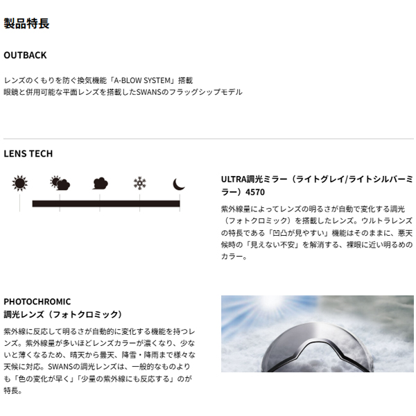 SWANS（スワンズ） OUTBACK ULTRA 調光ミラーモデル スノーゴーグル