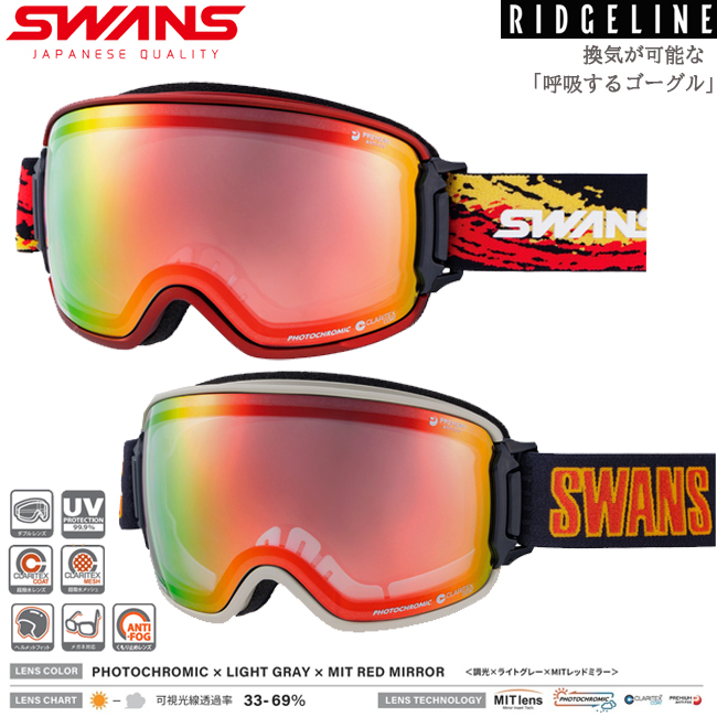 スノーゴーグル スワンズ SWANS　RIDGELINE　調光レンズ　MITミラー　フォトクロミック　PHOTOCHROMIC　スノーボード 眼鏡対応  【RL-MDH-CMIT-RD】 | 