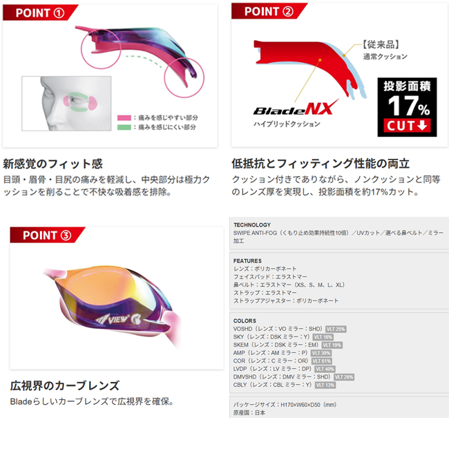 VIEW スイミングゴーグル ブレード エヌエックス ミラー 競泳 ビュー