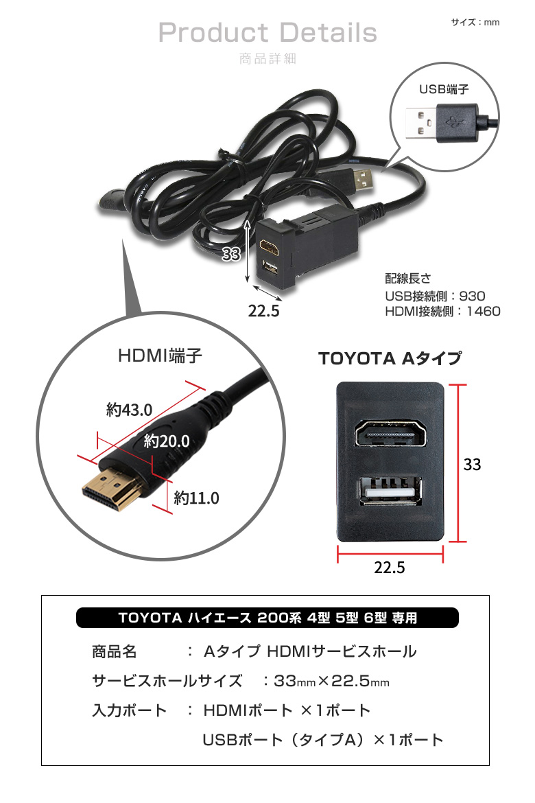 ハイエース 200系 4 5 6型 専用 HDMIサービスホールキット スイッチホール USB端子 TOYOTA Aタイプ 増設 USB HDMI  シェアスタイル