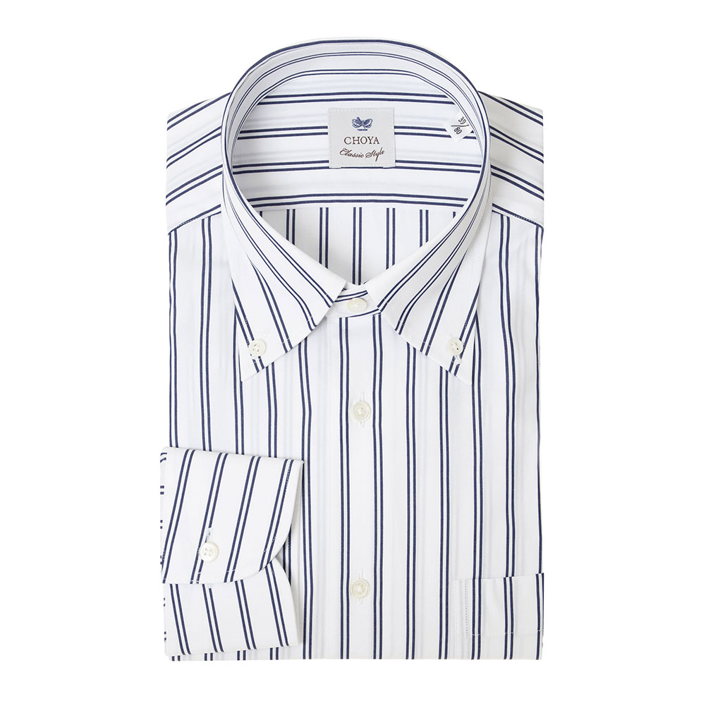 CHOYA Classic Style 長袖 ワイシャツ メンズ 綿100% ホワイト ネイビー ストライプ ボタンダウン｜ss1946