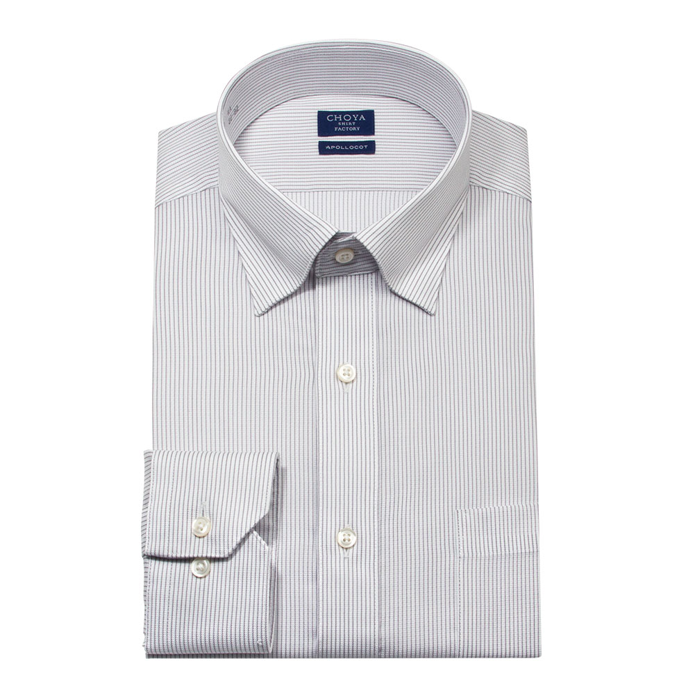 日清紡アポロコット 長袖 ワイシャツ メンズ 綿100％ 形態安定加工 グレー ストライプ スナップ【CFD373-480】 CHOYA SHIRT FACTORY 日清紡アポロコット 長袖 ワイシャツ メンズ 綿