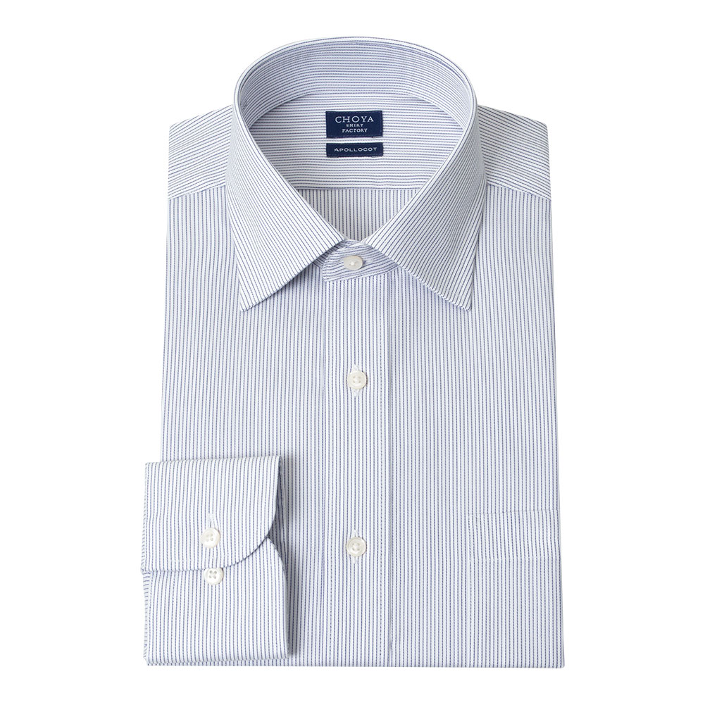 日清紡アポロコット 長袖 ワイシャツ メンズ 綿100％ 形態安定加工 ネイビー ストライプ セミワ【CFD863-465】 CHOYA SHIRT FACTORY 日清紡アポロコット 長袖 ワイシャツ メンズ 綿