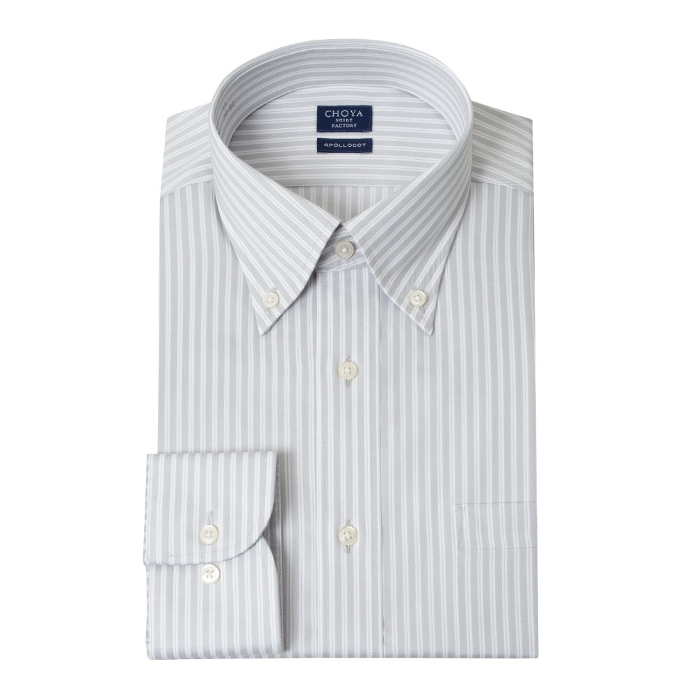 日清紡アポロコット 長袖 ワイシャツ メンズ 綿100％ 形態安定加工 グレー ストライプ ボタンダ【CFD864-480】 CHOYA SHIRT FACTORY 日清紡アポロコット 長袖 ワイシャツ メンズ 綿