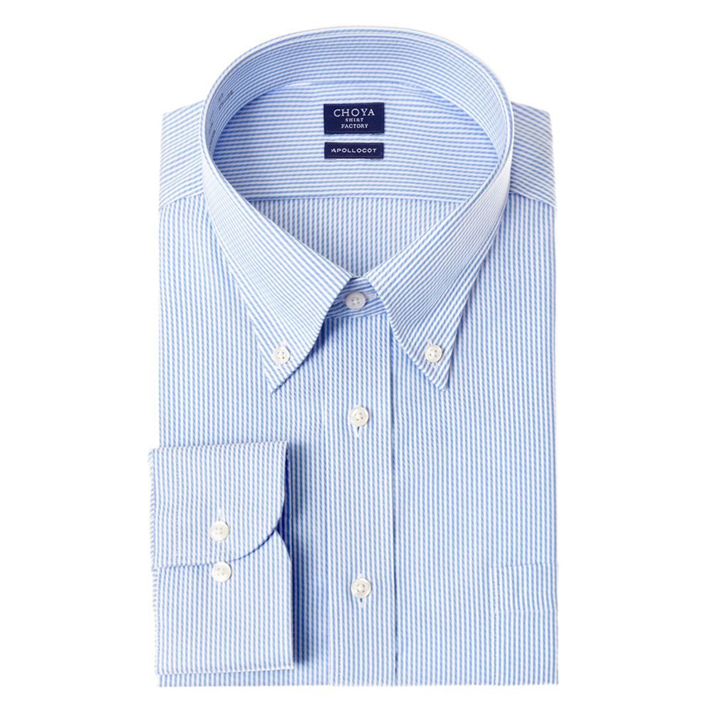 【爆買】CHOYA SHIRT FACTORY 日清紡アポロコット 長袖 ワイシャツ 形態安定加工 ボタンダウン ブルーストライプ 綿100%