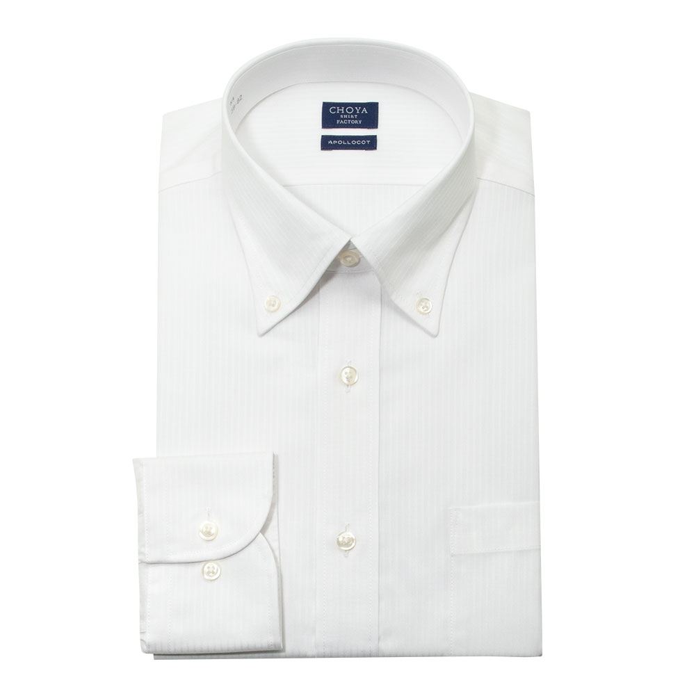 日清紡アポロコット 長袖 ワイシャツ メンズ 形態安定加工 白ドビー ストライプ ボタンダウン |綿【CFD975-200】 CHOYA SHIRT FACTORY 日清紡アポロコット 長袖 ワイシャツ メンズ 形態