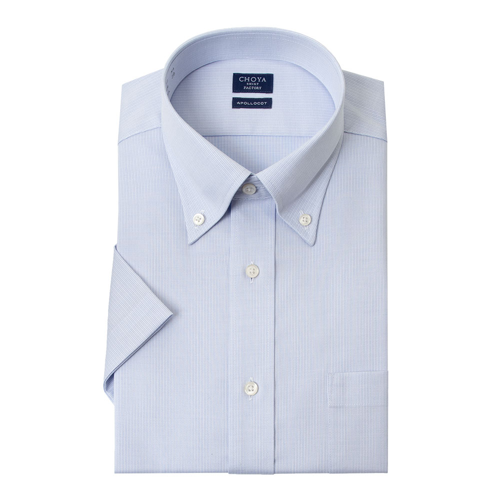 日清紡アポロコット 半袖 ワイシャツ メンズ 夏 形態安定加工 青ストライプ ボタンダウンシャツ|綿100％ ブルー チョーヤシャ｜ss1946