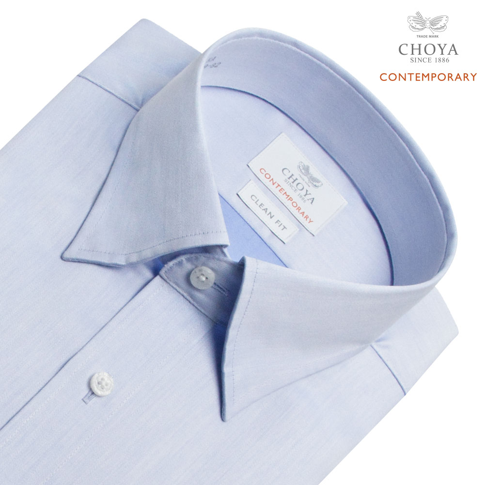 長袖 ワイシャツ メンズ 綿100％ 形態安定加工 ブルー 青 無地 スナップダウンカラー CHOYA CONTEMPORARY_1