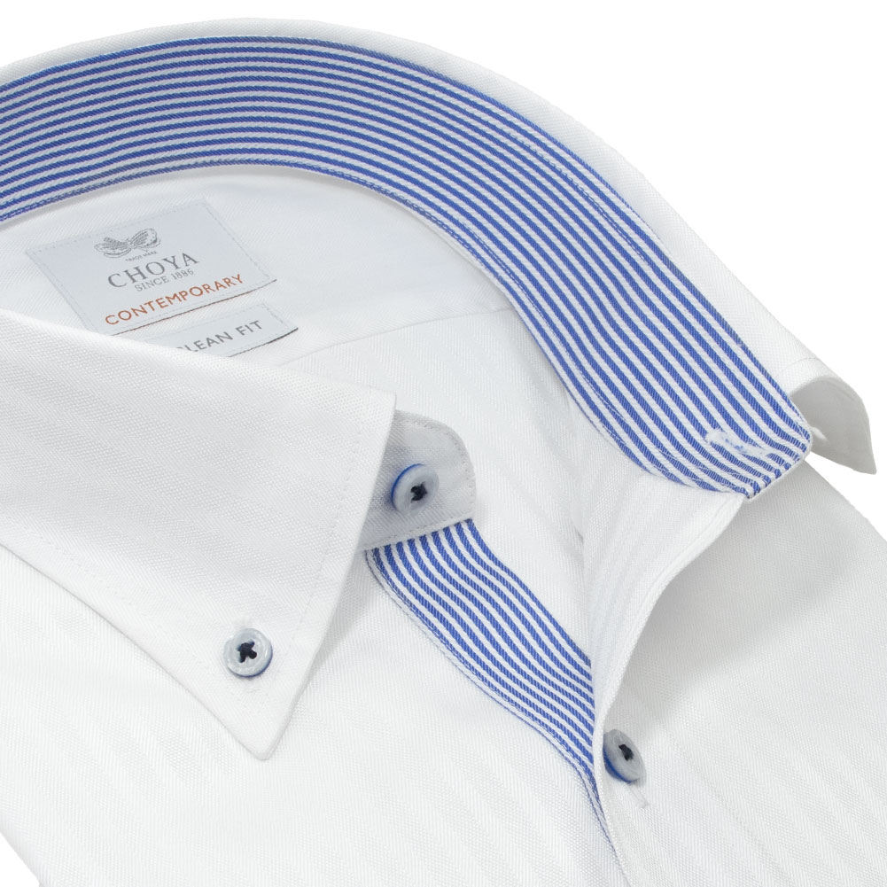 半袖シャツ ワイシャツ メンズ 綿100％ 形態安定加工 ホワイト 白 ドビー ストライプ ボタンダウン CHOYA CONTEMPORARY【CLN604-200】 半袖シャツ ワイシャツ メンズ 綿100％ 形態安定加工 ホワイト 白