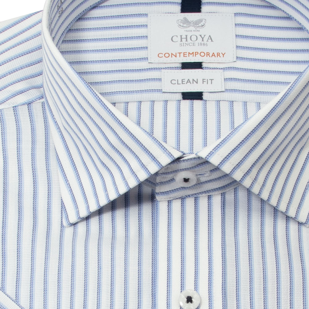 半袖シャツ ワイシャツ メンズ 綿100％ 形態安定加工 ブルー ストライプ ショートワイド CHOYA CONTEMPORARY【CLN607-450】 半袖シャツ ワイシャツ メンズ 綿100％ 形態安定加工 ブルー