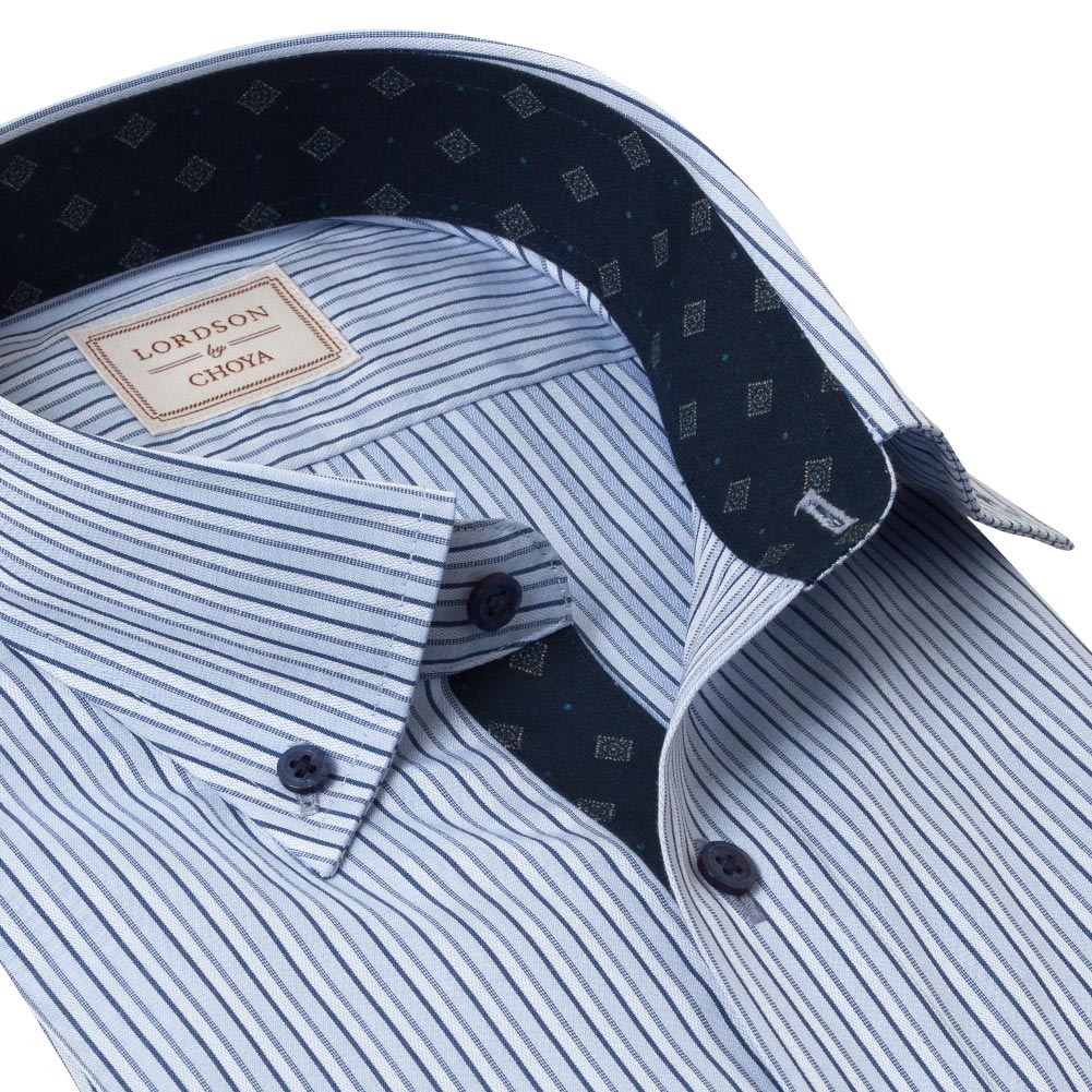長袖 ワイシャツ メンズ 綿100％ 形態安定加工 ブルー ストライプ ボタンダウンカラー CHOY【CLD900-450】 LORDSON by CHOYA 長袖 ワイシャツ メンズ 形態安定加工 ブルー 青