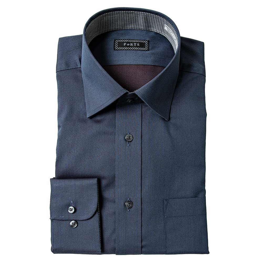 【P@RTS】メンズ ドレスシャツ フォーマルシャツ Ｙシャツ ネイビー 成人式 長袖 形態安定 ソラーロ生地 標準体