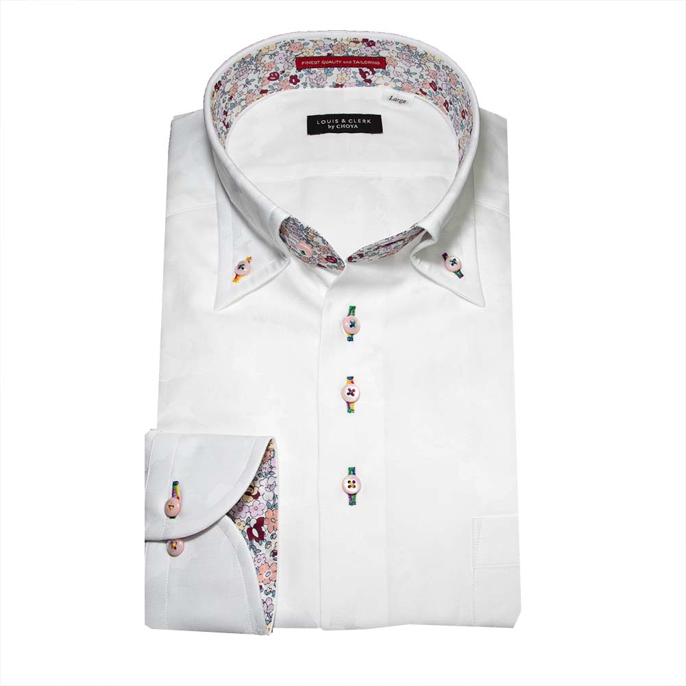 国産 長袖 綿100% ドレスシャツ レギュラーフィット ボタンダウン ホワイト ジャガード織 迷彩【RLD592-900】 LOUIS&CLERK（ルイスアンドクラーク） 綿100% 長袖 レギュラーフィット
