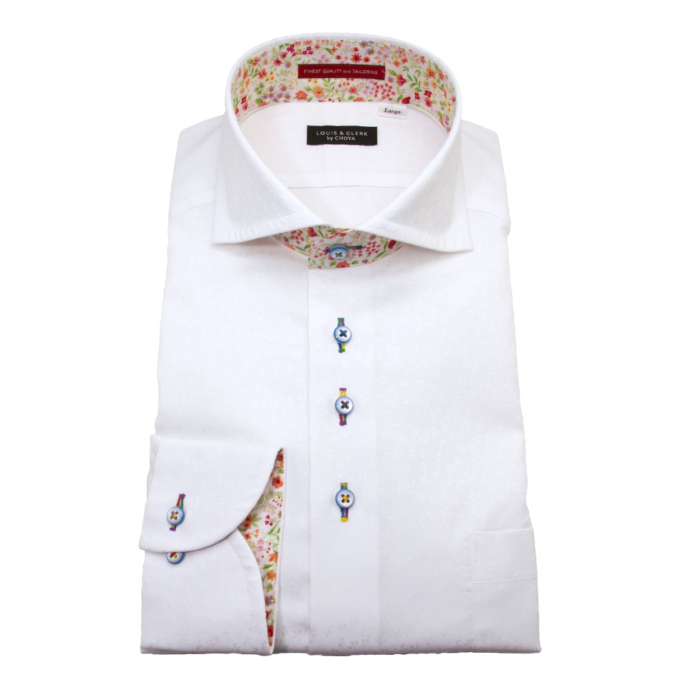国産 長袖 綿100% ドレスシャツ レギュラーフィット カッタウェイ ホワイト ジャガード織 花柄【RLD594-200】 LOUIS&CLERK（ルイスアンドクラーク） 国産 長袖 綿100% ドレスシャツ