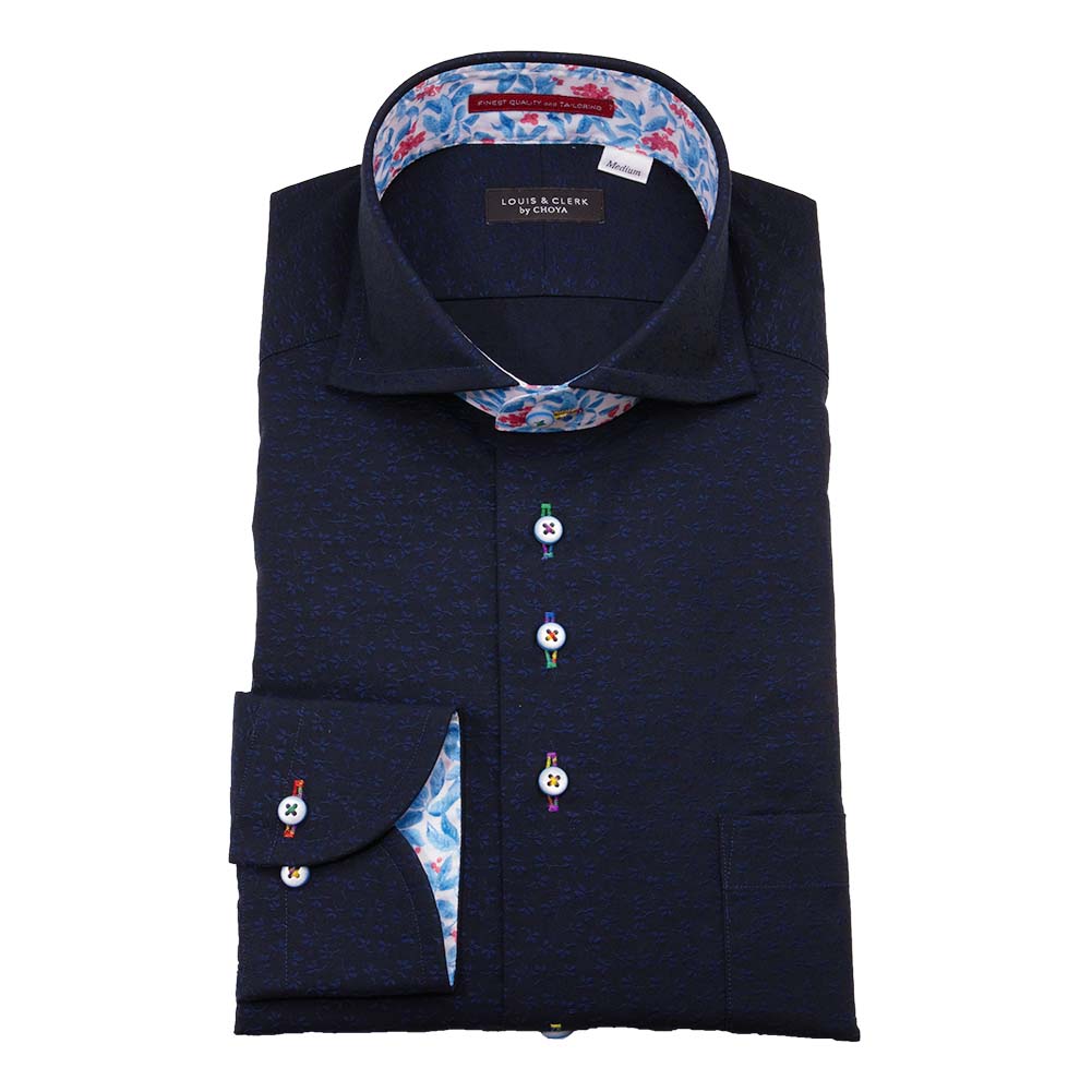 国産 長袖 綿100% ドレスシャツ レギュラーフィット カッタウェイ ネイビー ジャガード織 花柄【RLD594-255】 LOUIS&CLERK（ルイスアンドクラーク） 国産 長袖 綿100% ドレスシャツ