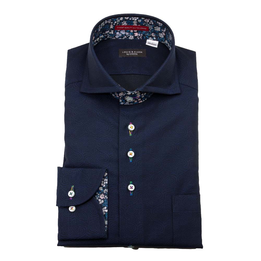国産 長袖 綿100% ドレスシャツ レギュラーフィット カッタウェイ ネイビー ジャガード織 花柄【RLD595-255】 LOUIS&CLERK（ルイスアンドクラーク） 国産 長袖 綿100% ドレスシャツ