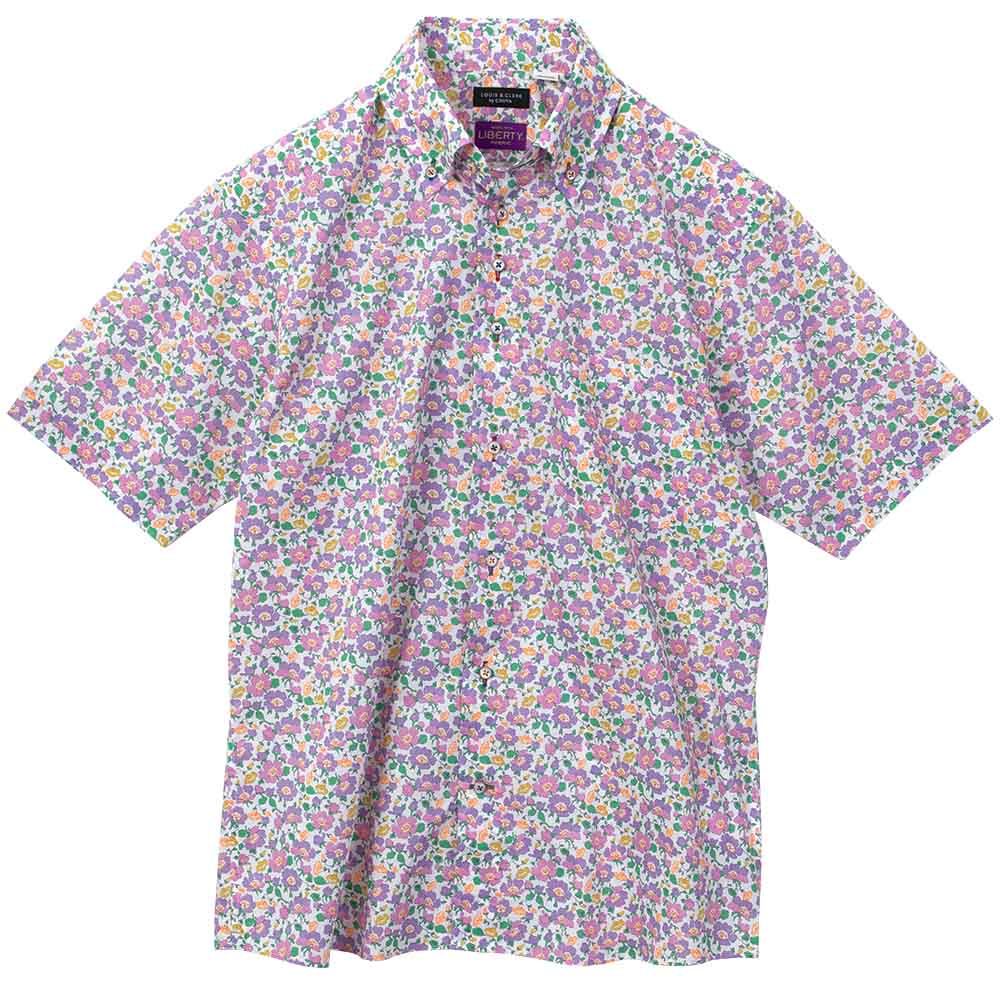 国産半袖ドレスシャツ レギュラーフィット ボタンダウン 綿100% パープル 花柄 胸ポケット有 ミセ【RLN900-860】 LOUIS&CLERK（ルイスアンドクラーク） 半袖ドレスシャツ レギュラー