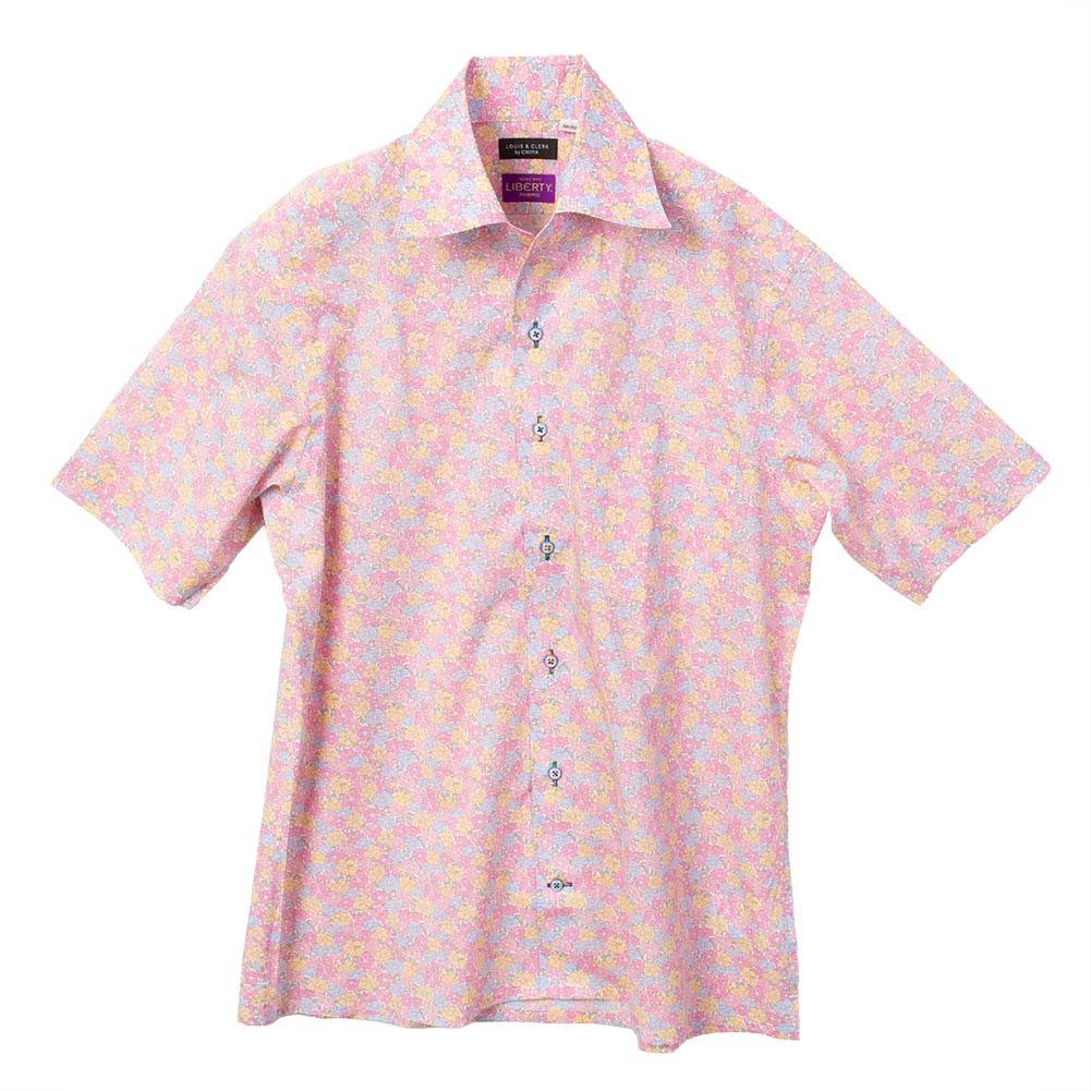 国産半袖ドレスシャツ レギュラーフィット イタリアンカラー 綿100 ピンク 花柄 胸ポケット有【RLN901-810】 LOUIS&CLERK（ルイスアンドクラーク） 半袖ドレスシャツ レギュラー