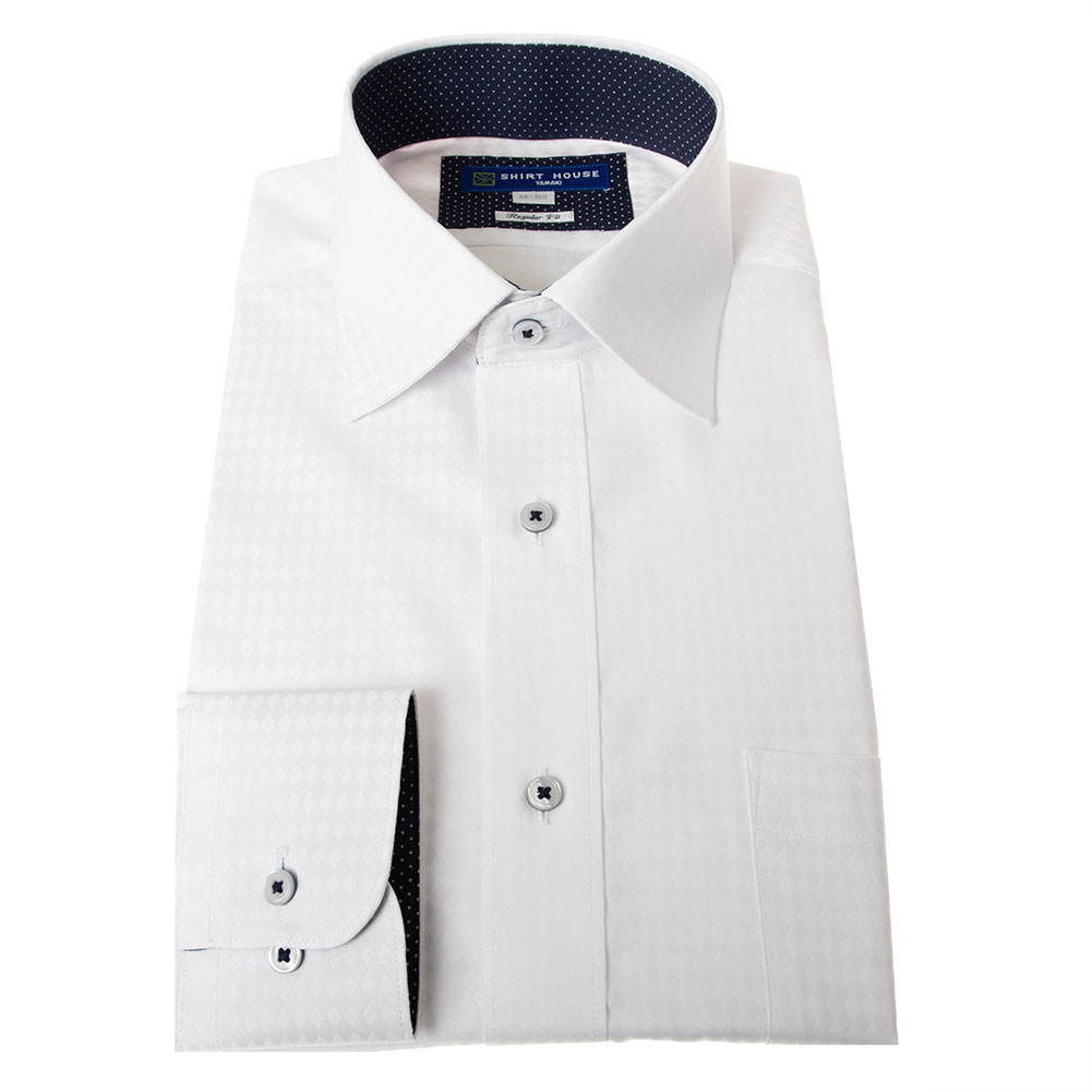 ワイシャツ 形態安定 長袖 白ドビー ホワイト ダイヤ柄 ワイドカラー 標準 シャツハウス メンズ ドレスシャツ SH_24FA｜ss1946