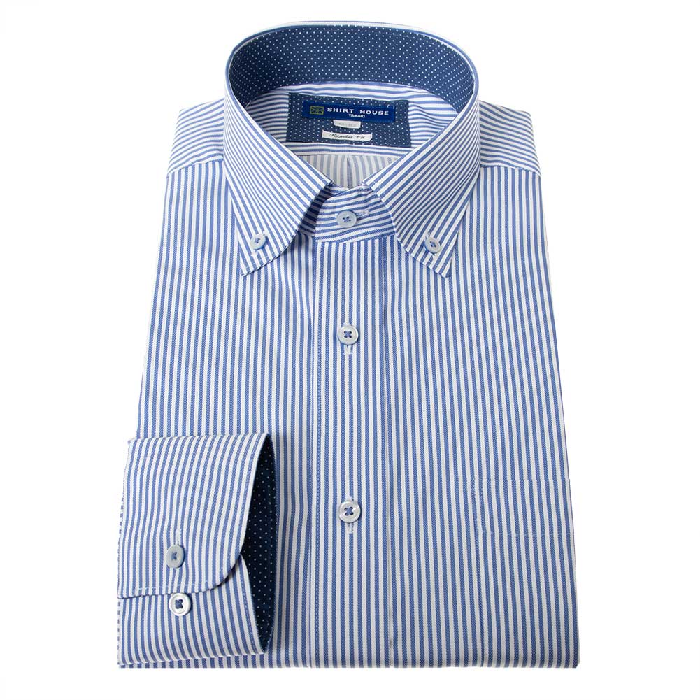 ワイシャツ 形態安定 長袖 ブルーストライプ 青 ボタンダウン 標準 シャツハウス メンズ ドレスシャツ  SH2404ft SH_24FA｜ss1946