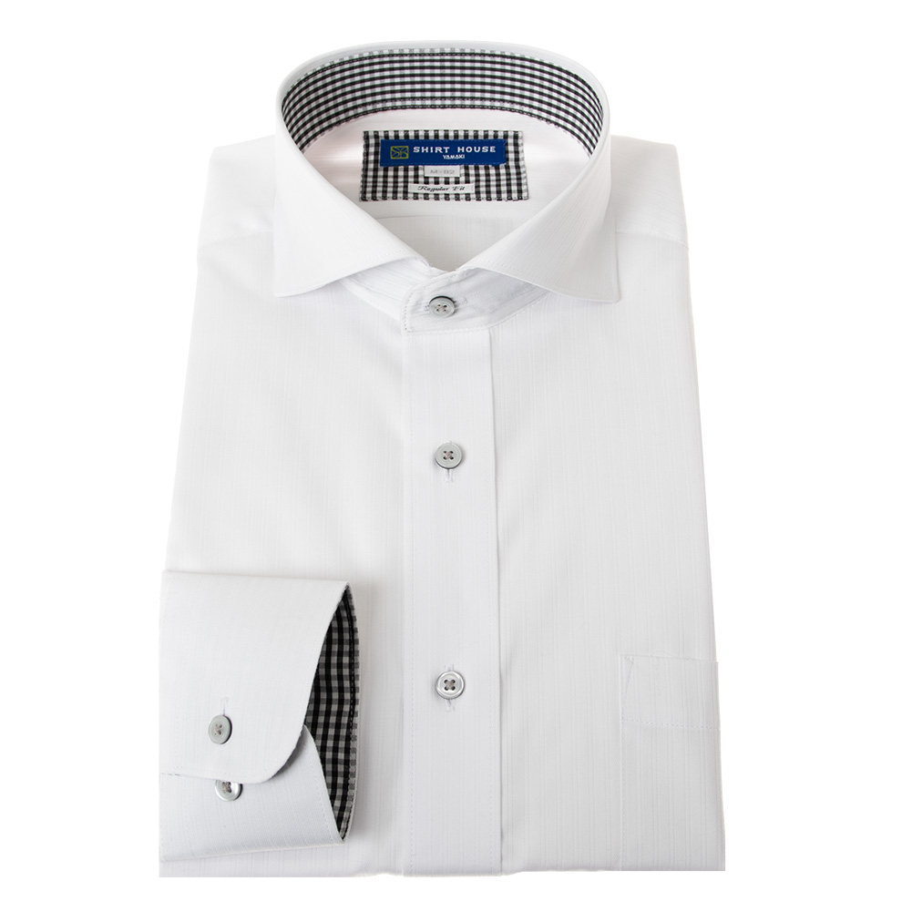 ワイシャツ 形態安定 長袖 ホワイト 白ドビーストライプ カッタウェイ 標準 シャツハウス メンズ ドレスシャツ｜ss1946
