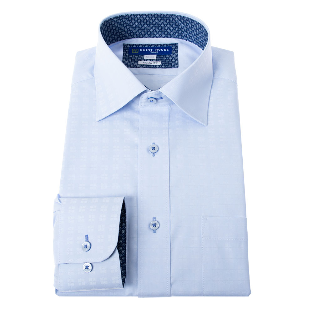 ワイシャツ 形態安定 長袖 ブルー ドビーチェック ワイドカラー 標準 シャツハウス メンズ ドレスシャツ SH_24FA｜ss1946