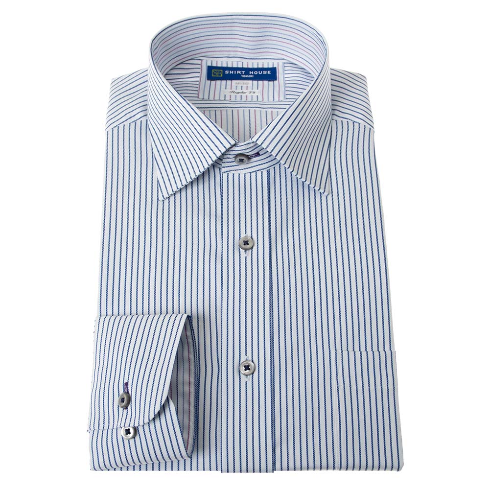 ワイシャツ 形態安定 長袖 ブルー ストライプ ワイドカラー 標準 シャツハウス メンズ ドレスシャツ  SH2404ft SH_24FA｜ss1946