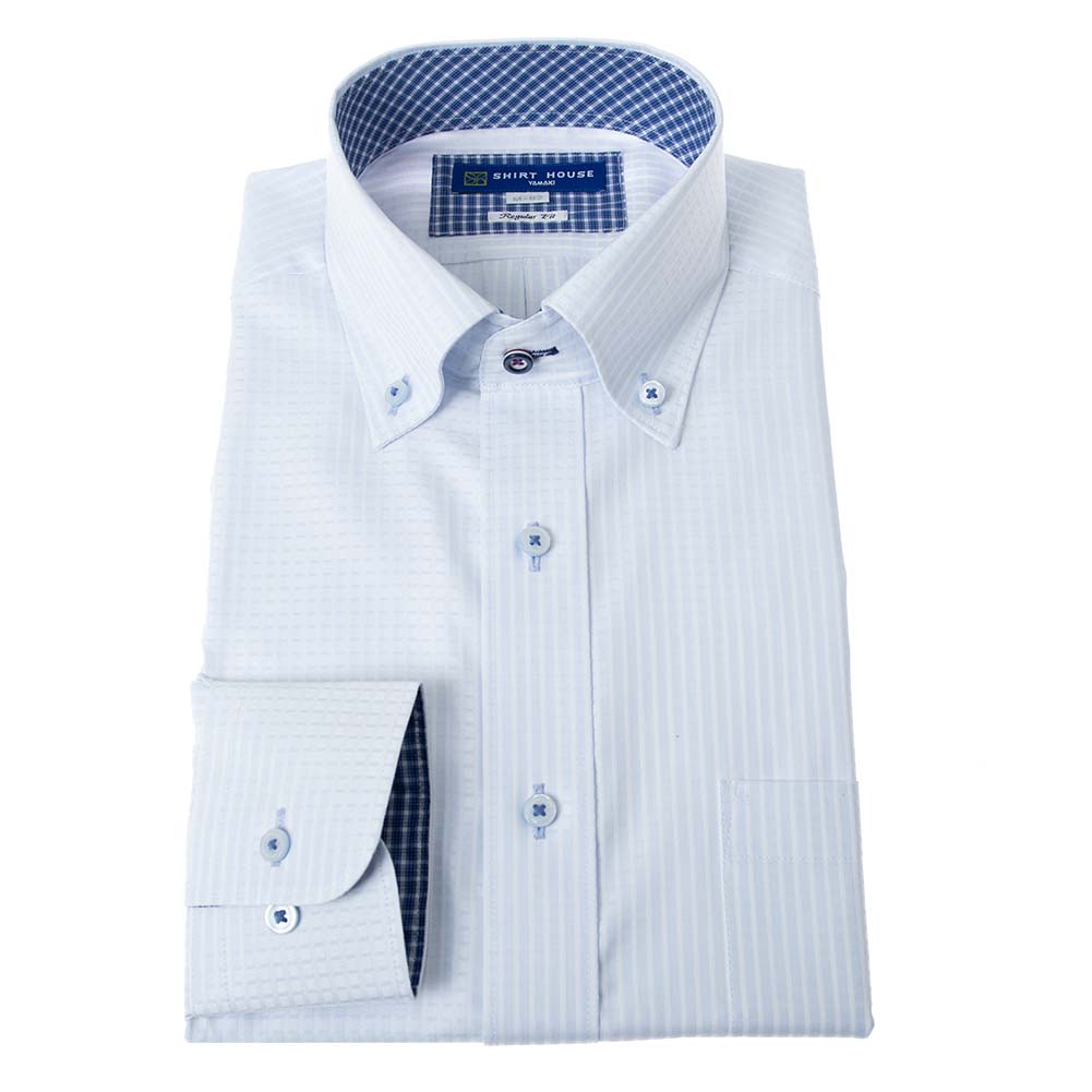 ワイシャツ 形態安定 長袖 ブルーグレー チェック ボタンダウン 標準 シャツハウス メンズ ドレスシャツ｜ss1946