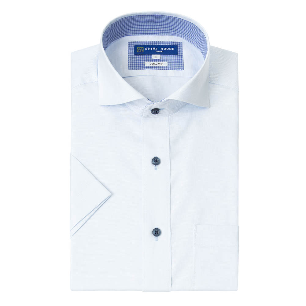 ワイシャツ 半袖 形態安定 ブルー 青 ドビー カッタウェイ スリム 細身 シャツハウス メンズ ドレスシャツ SH_2401FS SH2405ft｜ss1946