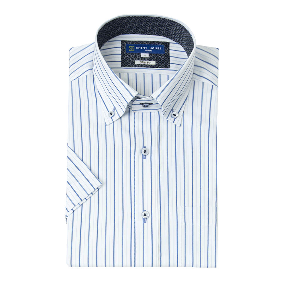 ワイシャツ 半袖 形態安定 ブルー ストライプ 青 ボタンダウン スリム 細身 シャツハウス メンズ ドレスシャツ SH_2401FS SH2405ft｜ss1946
