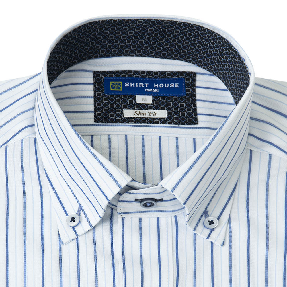 ワイシャツ 半袖 形態安定 ブルー ストライプ 青 ボタンダウン スリム 細身 シャツハウス メンズ ドレスシャツ SH_2401FS SH2405ft｜ss1946｜02
