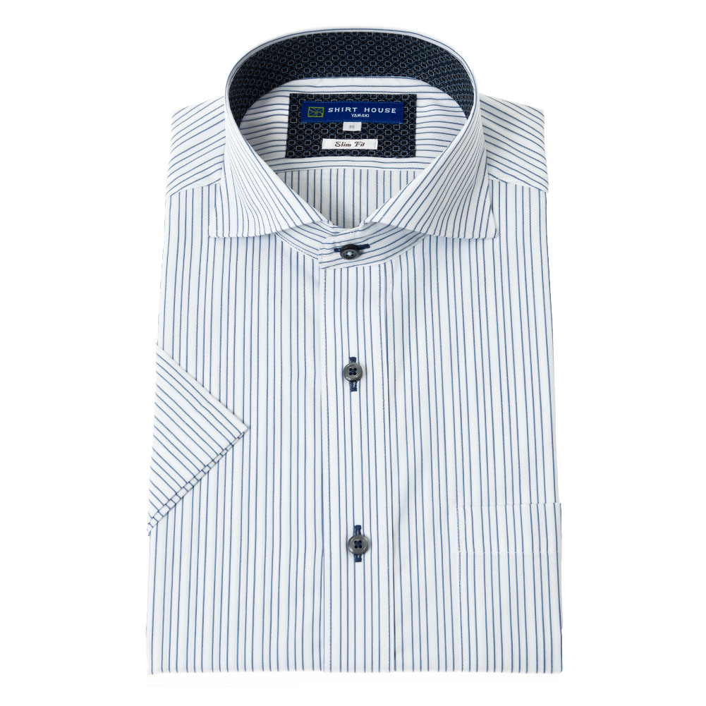ワイシャツ 半袖 形態安定 ブルー ストライプ カッタウェイ スリム 細身 シャツハウス メンズ ドレスシャツ｜ss1946