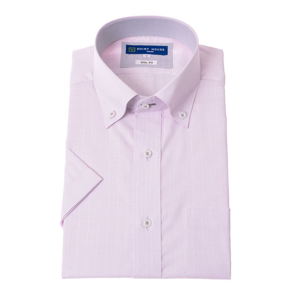 ワイシャツ 半袖 形態安定 ピンク ボタンダウン ドビー スリム 細身 シャツハウス メンズ ドレスシャツ｜ss1946