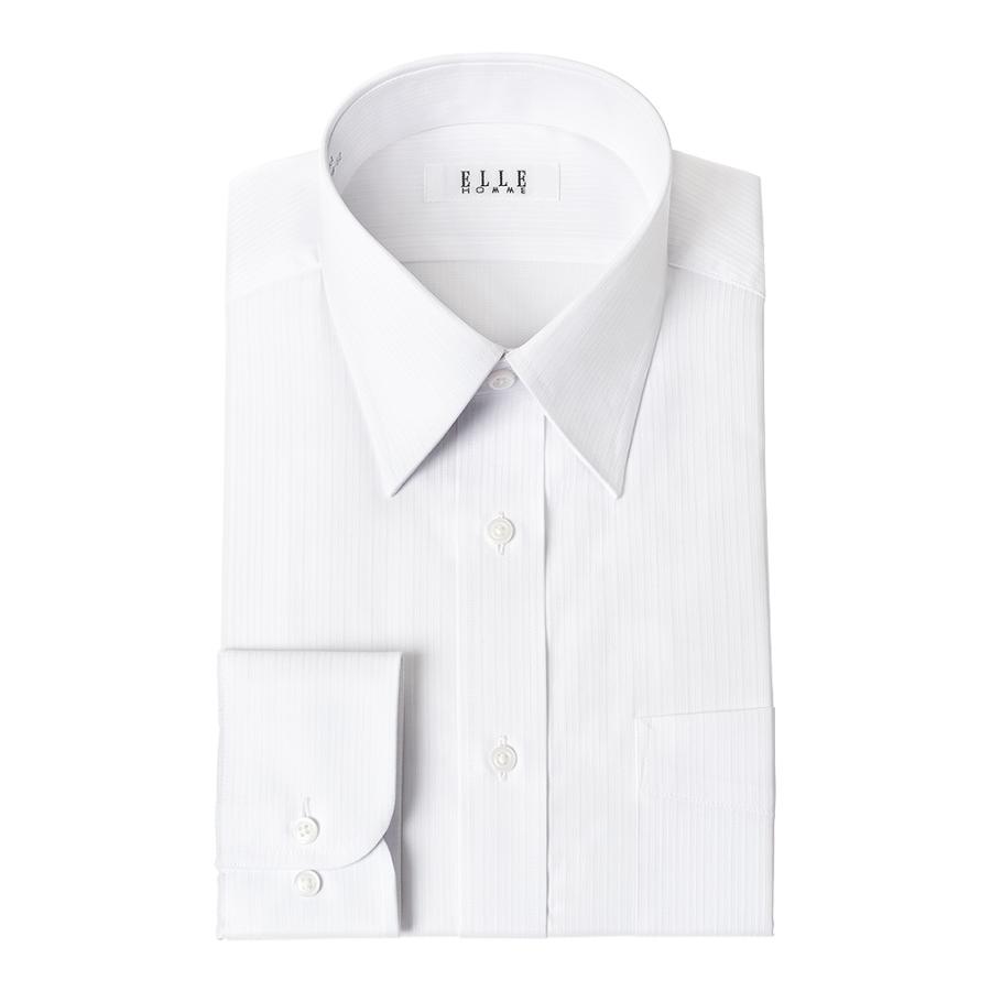ELLE HOMME 長袖 ワイシャツ メンズ 形態安定加工  ゆったり 白ドビーストライプ レギュラーカラー 綿 ポリエステル｜ss1946