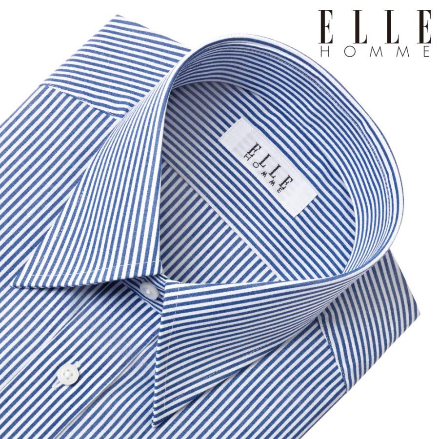 ELLE HOMME 長袖 ワイシャツ メンズ 形態安定加工  ゆったり ネイビーロンドンストライプ レギュラーカラー 綿 ポリエ｜ss1946｜02