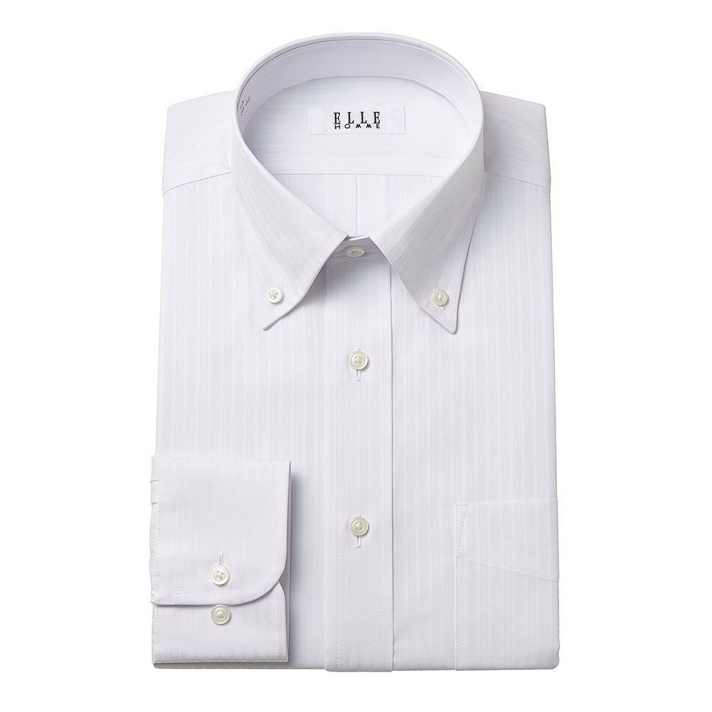 ELLE HOMME ワイシャツ メンズ 長袖 形態安定加工  ゆったり 白ドビー ホワイト ストライプ ボタンダウン｜ss1946