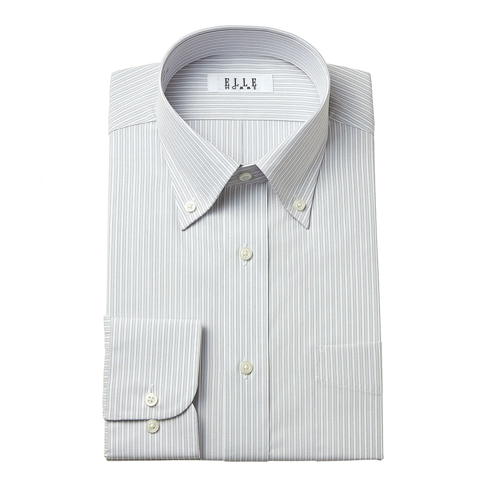 ELLE HOMME ワイシャツ メンズ 長袖 形態安定加工  ゆったり グレー ストライプ ボタンダウン｜ss1946