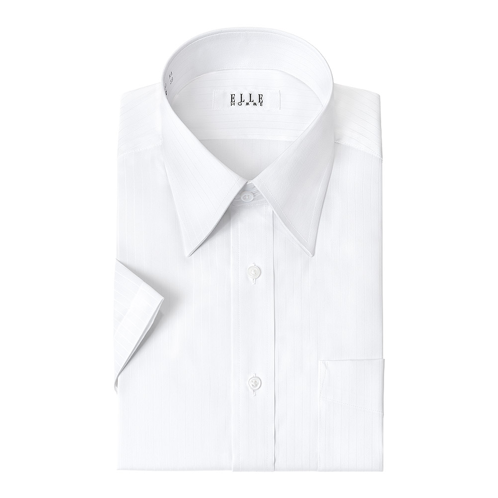 ELLE HOMME  COOLMAX 半袖 ワイシャツ メンズ 夏 形態安定 ゆったり 白ドビー ストライプ レギュラーカラー CH_2401FS｜ss1946