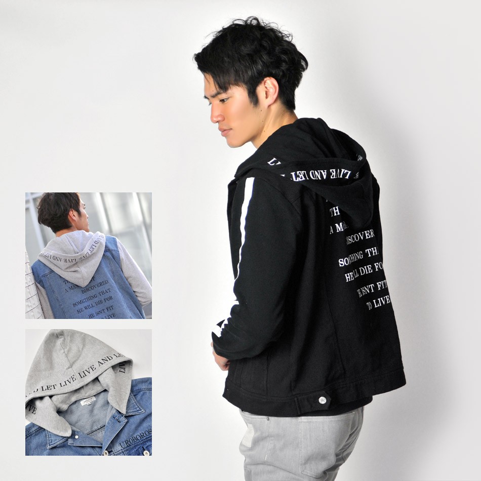 Gジャン ジージャン メンズ デニムジャケット 春秋冬 ブルー ブラック 青 黒 M L XL LL 2L 裏毛 切替 フード サーフ系 ストリート系 アメカジ evolution 01103 | EVOLUTION